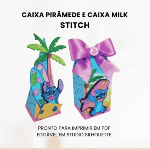 CAIXA MILK E CAIXA PIRÂMEDE - TEMA STITCH - ARTE PRONTA E EDITÁVEIS NO STUDIO