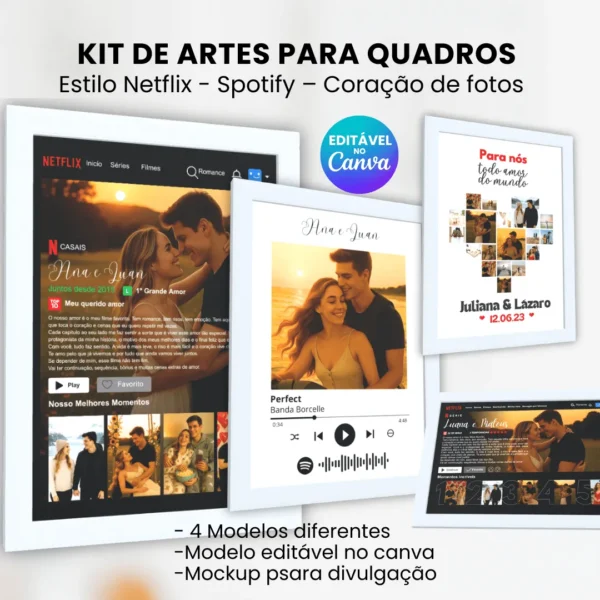 KIT DE ARTES PARA QUADROS – ESTILO NETFLIX, SPOTIFY E CORAÇÃO DE FOTOS